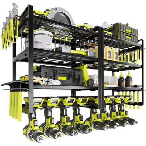 Organiseur pour outils électriques, support mural pour 8 perceuses, 4 couches de garage et support de rangement, étagère à outils avec tournevis/pince/support de marteau (1/5)