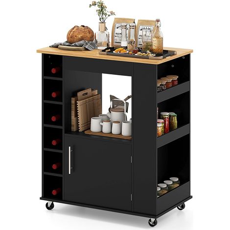 Desserte de Cuisine sur roulettes, Chariot Ilot de Cuisine Comptoir en Bambou, Casier à Vin pour 6 Bouteilles,44x76x89 cm (Noir) (1/5)