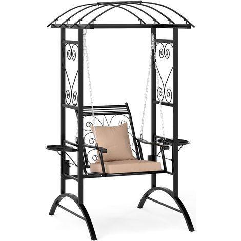 Columpio de exterior para patio 112 x 140 x 196 cm confort óptimo con cojines y mesas metálicas plegables en color negro 200010515