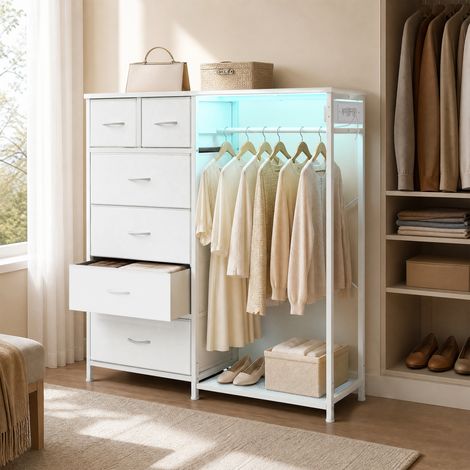Commode 3 en 1 avec Portant à Vêtements, 6 Tiroirs, LED et Prises, 102,7 x 35 x 117,6 cm, Blanc