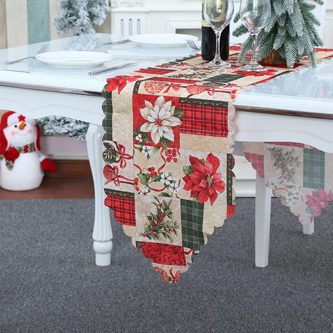 Chemins de table de Noël, nappe de chemin de table imprimée poinsettia Pièce maîtresse de table de chemin de table de Noël pour les fêtes de Noël Favors Dîner en famille de vacances. (Fleur) (1/5)