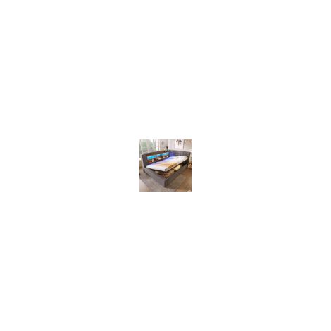 REDOM Lit double 140x190 cm avec éclairage LED, tête de lit en forme de L avec rangement, tissu en lin, gris (Sans matelas) (1/5)