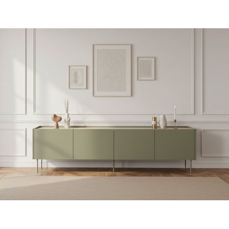 Bobochic – Meuble TV 4 portes 220 cm – Couleur vert – Pieds fins en métal – 8 étagères pour rangement optimal – Style moderne (1/5)
