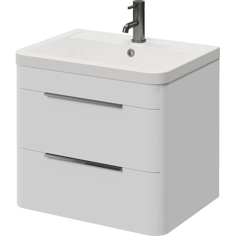 Oslo Gloss White 600mm Wall Mounted 2 Drawer Vanity Unit with Anya Basin - 600mm - Gunmetal Grey 300mm Finger Pull