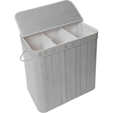 Cesto ropa sucia Relaxdays con tapa, bambú, 150 L, 3 compartimentos, (Al x An x F) 61,5 x 61 x 41,5 cm, baño, gris