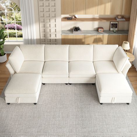 Canapé d’angle U/L modulable 6 places 289x137x84 cm, 2 poufs coffre, 2 coussins d’accoudoir, ressorts ensachés, chenille beige (1/5)