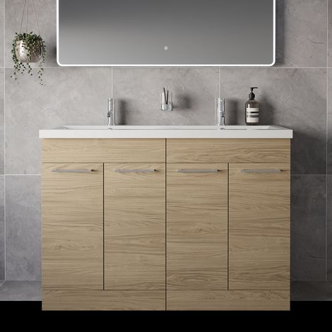 Napoli 390 Light Oak 1200mm 4 Door Vanity Unit with Double Glide Basins - 1200mm - Chrome 160mm Handle