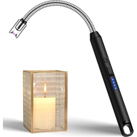 Electric Lighter, Candle Lighter, USB Rechargeable Electric Lighter with Safety Lock, Windproof for Kitchen, Barbecue, Candle, Fireplace (Black) (1/5)