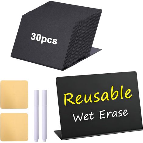 Mini Chalkboard Set of 30 L Chalkboards, Reusable Board with 2 White Markers and 2 Cloths, Price Label Price for Buffet Wedding Bakery Cafe Restaurant, 10 x 7 cm, Black (1/5)