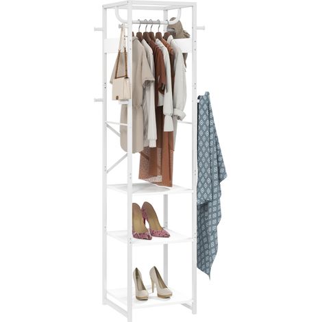 Porte-manteau sur pied en bois et acier avec 2 étagères ouvertes, dimensions 38.5x30x170 cm, blanc et bois naturel (1/5)