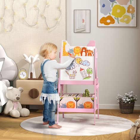 Chevalet de peinture pour enfants 2-en-1 avec tableau blanc - tableau noir - rose - boîtes de rangement - pour enfants de 3 à 8 ans
