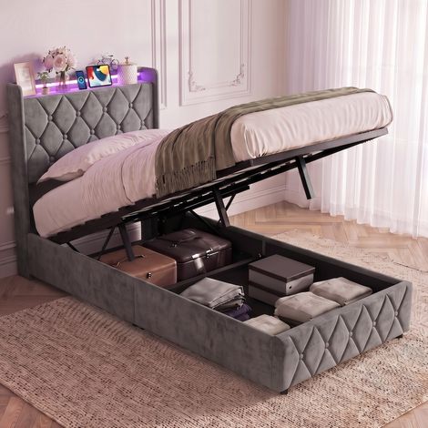 Letto singolo per adulti 90 x 200 cm – Letto singolo – Letto contenitore – Illuminazione a LED – Porte USB e Type-C – Rete a doghe – Velluto grigio (1/5)