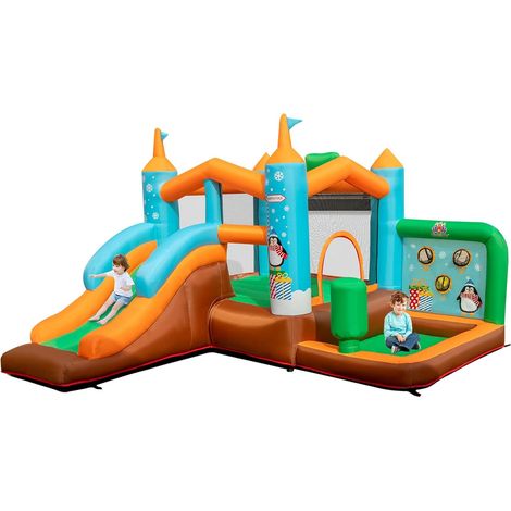 COSTWAY Castello gonfiabile per Bambini, Con Scivolo, Trampolino, Canestro da Basket e Sacco da Box, per 3 Bambini di 3-12 Anni, Con Borsa di Trasporto e Kit di Riparazione (Con soffiatore) (1/5)