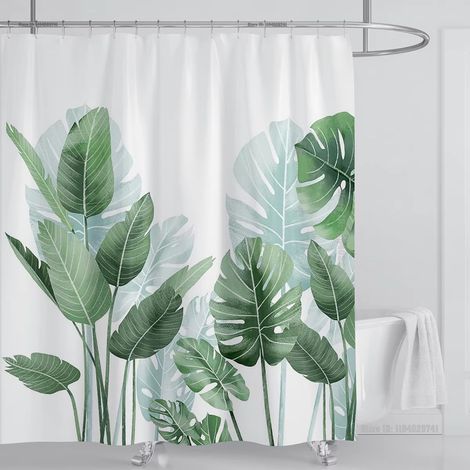 Rideau de douche de salle de bain à motif floral aquarelle, impression numérique, séparation de salle de bain, blanc et vert, 180 x 180 cm (crochet inclus) (1/5)
