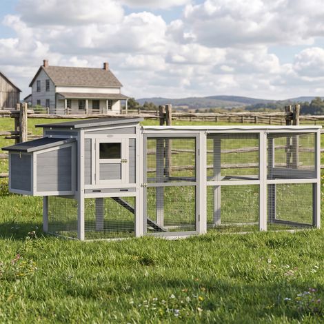 Poulailler pour 3 à 4 poules avec enclos, pondoir, toit en asphalte, bâche Oxford, tiroir coulissant, 264 x 82 x 89 cm, gris (1/5)