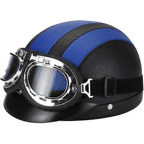 Casque demi-jet rétro en cuir pour moto avec lunettes bleues (1/2)