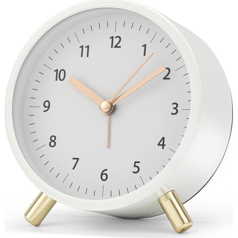 Analoger Wecker aus weißem Metall, geräuschlos, mit Nachtlicht, großem Zifferblatt, einstellbarem Weckton und Batteriebetrieb.