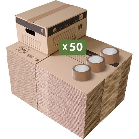 Pack and Move - Lot 50 Cartons Déménagement Stockage S - 36 x 28 x 18 cm - Poignées renforcées - 3 adhésifs offerts