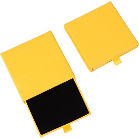 Boîte à bijoux de 10 x 10 x 2 cm avec un présentoir en papier, idéale pour ranger colliers, boucles d'oreilles, bagues et autres bijoux. Jaune. (1/4)