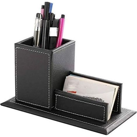 Porte-Stylo - Cuir PU - 6 Compartiments + Tiroir - Bureau Étude Organisation - Noir - 20 x 11 x 10 cm - 1 Pièce (1/4)