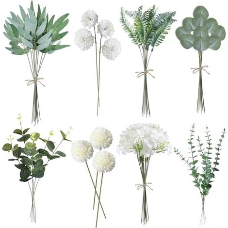 ROLLWAY 55 Stück Künstliche Zweige & Kunstblumen, Weiß Blumen Blätter Künstlich Dekozweige, Kunst Blumen Kunstblumenstrauss Eukalyptus Hortensien für DIY Blumenstrauß Brautstrauß Hochzeit (55, Weiß)