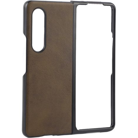 Étui de téléphone texturé en cuir de vachette bicolore, résistant aux rayures et aux chocs, adapté au Samsung Galaxy Z Fold 3 vert militaire. (1/5)