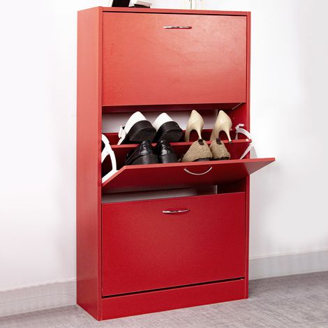 Scarpiera 3 Ante Ripiani Doppia Profondità con Maniglia Colore Rosso 63x24x115cm (1/5)