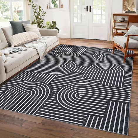 Grand tapis de salon, tapis géométrique moderne, lavable, chambre à coucher, tapis d'intérieur doux à poils courts, pour chambre d'enfant, bureau, noir, 160 x 230 cm (1/5)