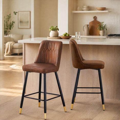Tabouret de bar x2, 100 cm, tissu technique marron et métal noir, avec repose-pied, HAVRYA (1/5)
