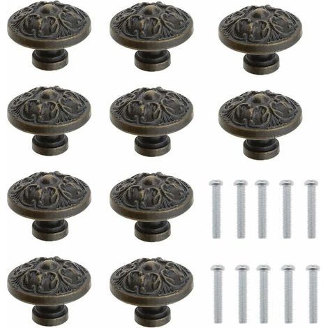 Lot de 10 boutons de tiroir ronds vintage pour placards, commodes, buffets et portes de meubles avec vis, bronze antique, 29 x 21 mm (1/4)