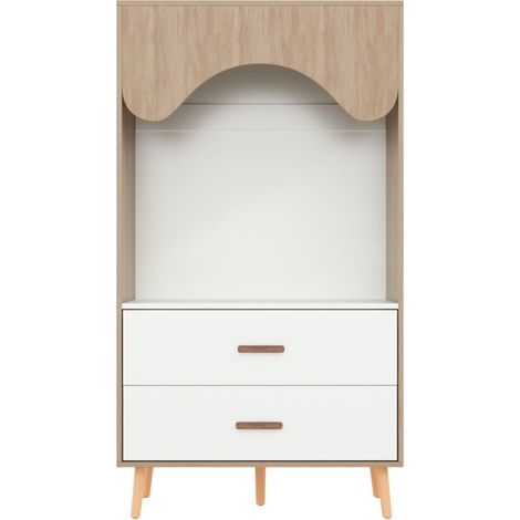 Armoire enfant 80 x 46 x 141,5 cm – Blanc et bois naturel, penderie, tiroirs, portes ouvertes, poignées bois massif – Fonctionnalité et charme authentique (1/5)