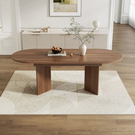 Mesa de comedor extensible de MDF color nogal 160 x 80 cm, 4-8 plazas, esquinas redondeadas (1/5)