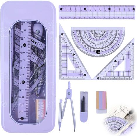 Lot 7 rapporteurs + boussole géométrie violette, règle 15 cm triangles recharges gomme lycée