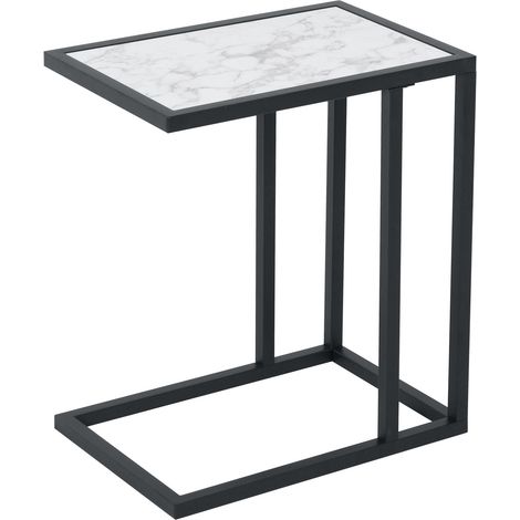 Table d'appoint moderne pour canapé, plateau effet marbre et structure en métal, 45 x 30 x 51,5 cm, blanche