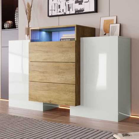 Commode à 3 tiroirs avec 2 portes, commode blanc et bois avec LED et rangements