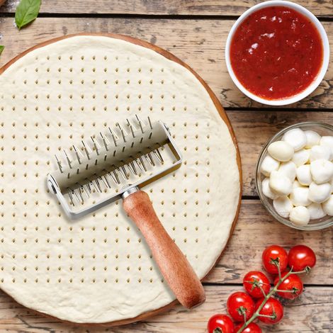 Outil professionnel de boulangerie - Rouleau pique-pâte en acier inoxydable avec manche bois - Cuisson homogène, anti-bulles pour pizza et tarte - Accessoire pâtisserie - Couleur : comme illustré