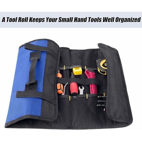 Sacoche à outils enroulable 38 compartiments, étui de rangement pour tournevis et accessoires, mallette souple de transport pour bricolage, usage extérieur, bleu (1/5)