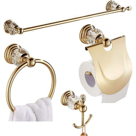 RHAFAYRE 4 Piece Gold Bathroom Accessory Sets All Zinc Alloy and Crystal Towel Rack Ring Towel Hook Toilet Paper Holder Wall Mounted Style Luxury Finish (1/5)