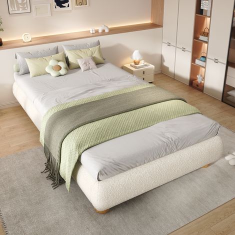 3ft single bed 90x190cm, Sturdy bed slats, Comfortable soft bed, Boucle + MDF+Plywood, Beige