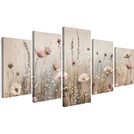 MULTI-PANEL WALL ART Set of 5 Flowers - Beige - Modern - Pink 100x50 cm
