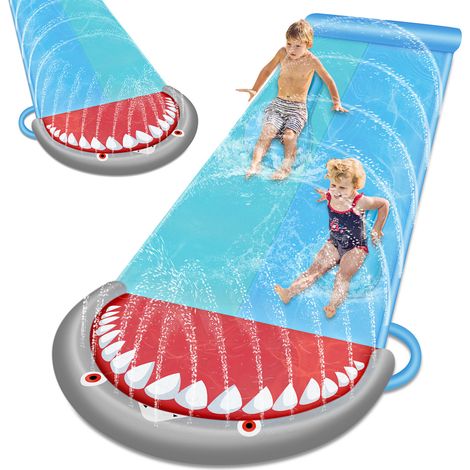 Randaco Scivolo Acquatico Doppia Pista 550cm con 2 Tavole da Surf, Spruzzatori Integrati & Cuscino Gonfiabile di Sicurezza per Giardino
