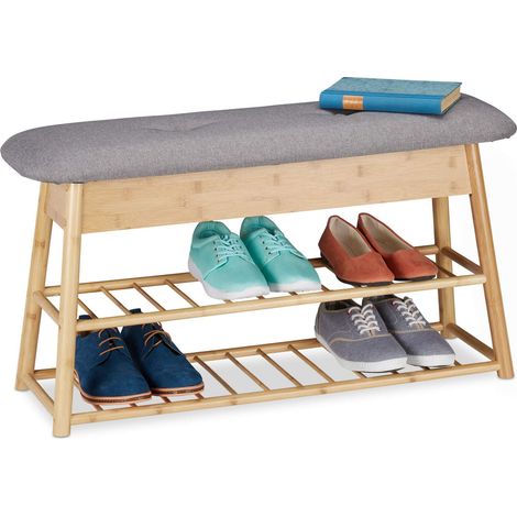 Banc Chaussures 8 Paires, 2 étages, siège rembourré Pliable, Espace à 2 Compartiments, Bambou, 48x90x28 cm (1/5)