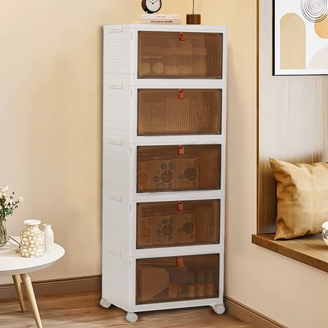 Youyijia 4/5-Tier Foldable Storage Organiser with Wheels, Collapsible Wardrobe Closet Organiser Box, Stackable Clear Plastic Containers for Home, Bedroom, Office (5 Tier) (1/5)