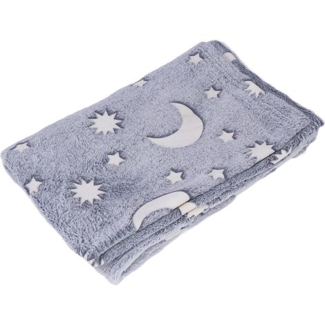 Couverture phosphorescente 1,5 x 2 m, double face, en flanelle, motif étoiles et lune, douce, brille dans le noir, pour enfants, grise (1/5)