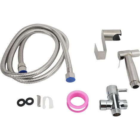 Pulvérisateur bidet main WC inox – Douchette avec vanne eau 1/2 tuyau 1,5m support norme européenne argent, salle de bain (1/4)