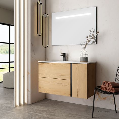 Meuble de salle de bain vasque déportée - 2 tiroirs - PRADO et miroir Led STAM - 80cm (1/3)