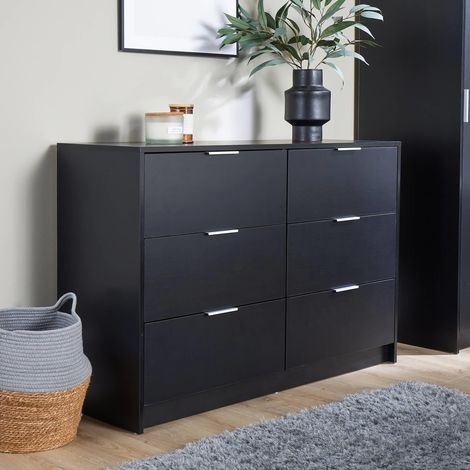 Phoenix Chest 6 Drawers Black Bedroom Clothing Bedside Storage Organiser Wide