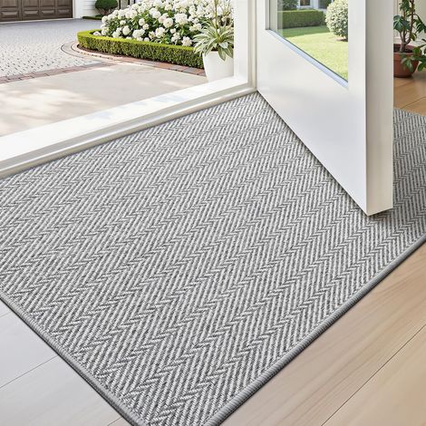 Tapis de Porte Intérieur Ultra Fin pour Entrée 60 x 90 cm, Tapis d’Entrée Antidérapant à Profil Bas, Paillasson au Design à Chevrons pour Intérieur, Terrasse et Porche, Gris (1/5)