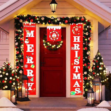 Une paire de décorations de Noël rideau de porte rouge vert bleu porte distique couplet arrangement de scène de Noël (1/2)
