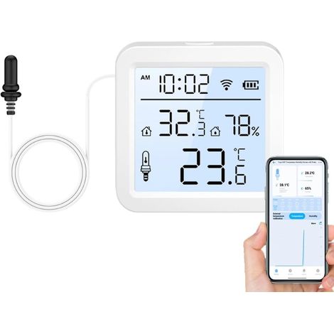 Thermomètre hygromètre WiFi Tuya avec sonde externe, capteur Smart Life avec alertes sur l'application, seuils réglables et étalonnage, pour réfrigérateur et congélateur, 2,4 GHz (1/5)